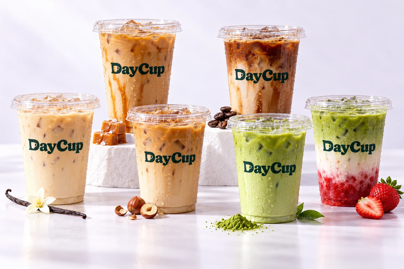 Six DayCup mockups inspired by vanilla, salted caramel, hazelnut and Spanish lattes, matcha, and strawberry matcha
