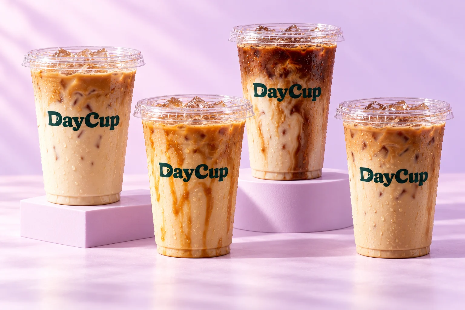 Four DayCup iced latte mockups with creamy coffee layers on a soft pink background