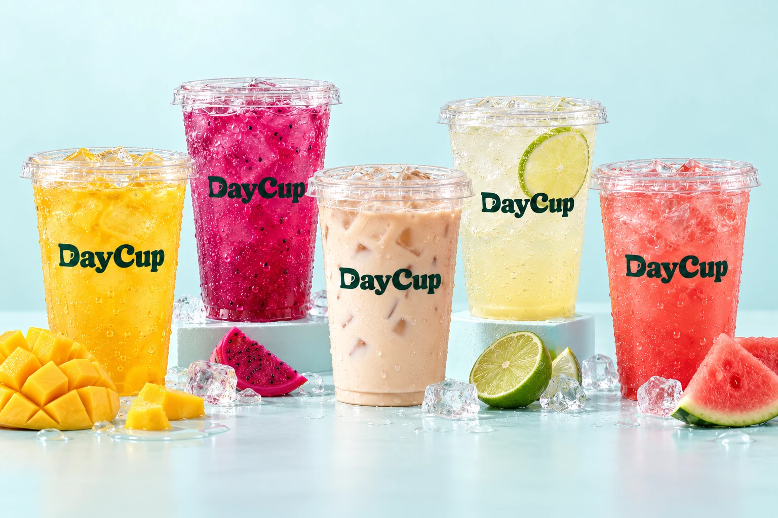 DayCup fruit-drink mockups inspired by mango, dragon fruit, Yakult, Yakulade, and watermelon