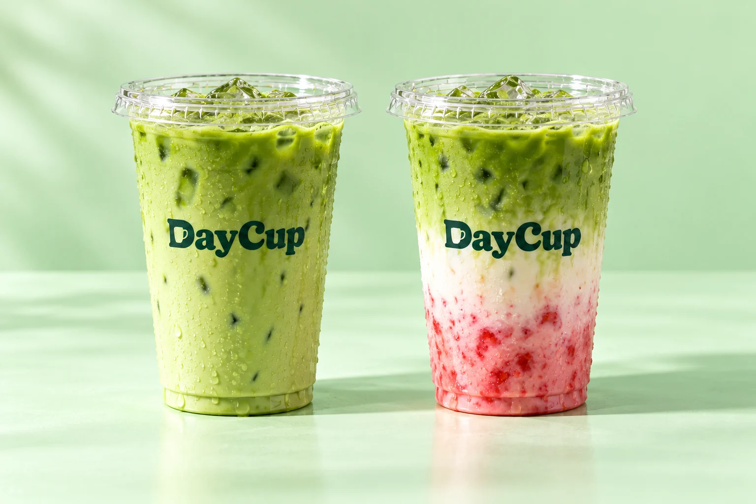 DayCup iced matcha and strawberry matcha mockups with green tea, milk, and pink strawberry layers